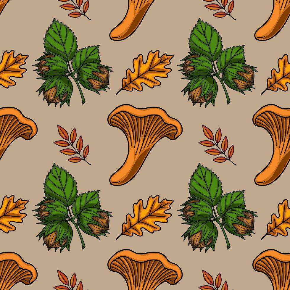 Seamless pattern featuring chanterelle mushrooms, hazelnuts, oak leaves, and autumnal branches, creating a vibrant autumnal design perfect for fall-themed projects. vector