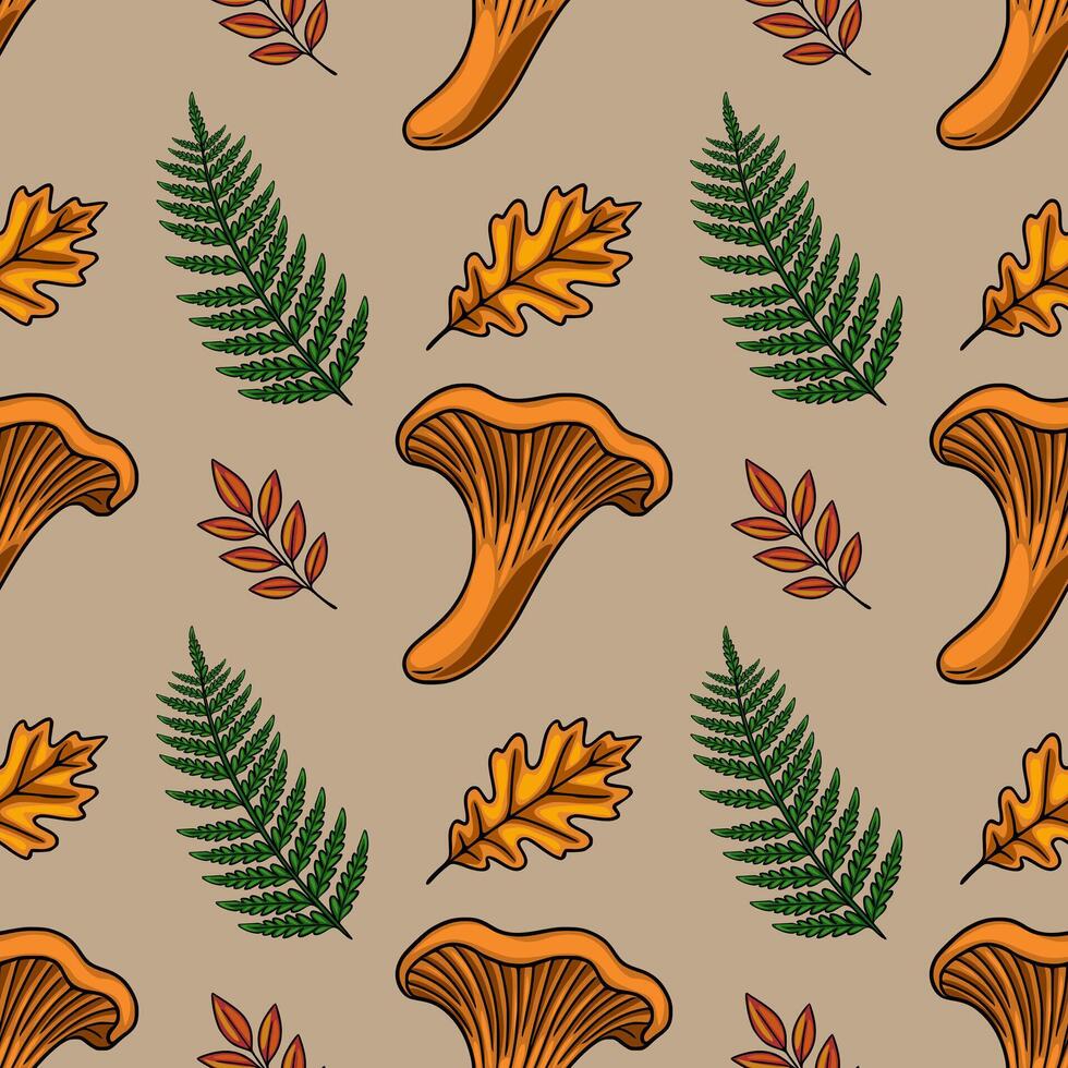 Seamless pattern featuring hand-drawn chanterelle mushrooms, oak leaves, and fern fronds in autumnal hues on a neutral beige background, ideal for fall-themed designs. vector