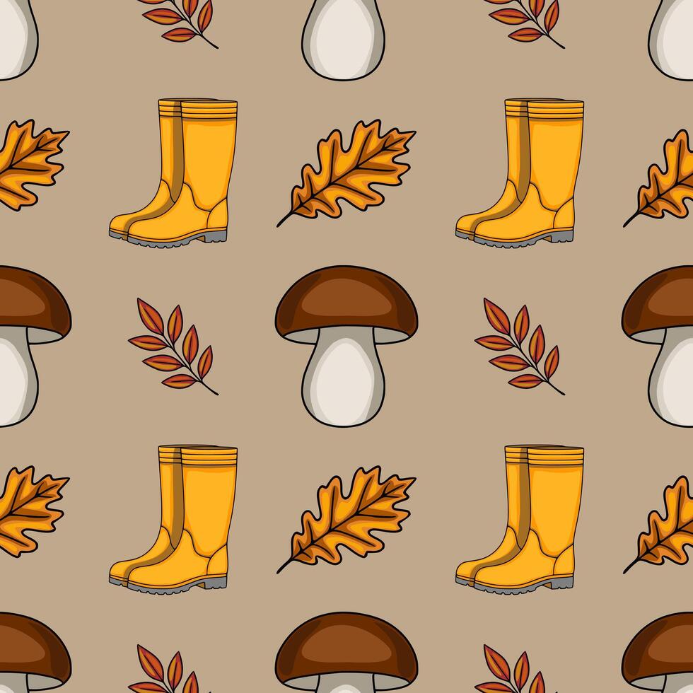 Seamless pattern featuring autumnal elements yellow rubber boots, brown mushrooms, oak leaves, and red-orange branches, creating a charming and rustic fall design. vector