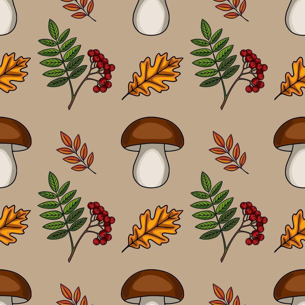 Seamless pattern featuring autumnal elements brown mushrooms, oak leaves, rowan berries, and branches, creating a cozy and rustic fall design. vector
