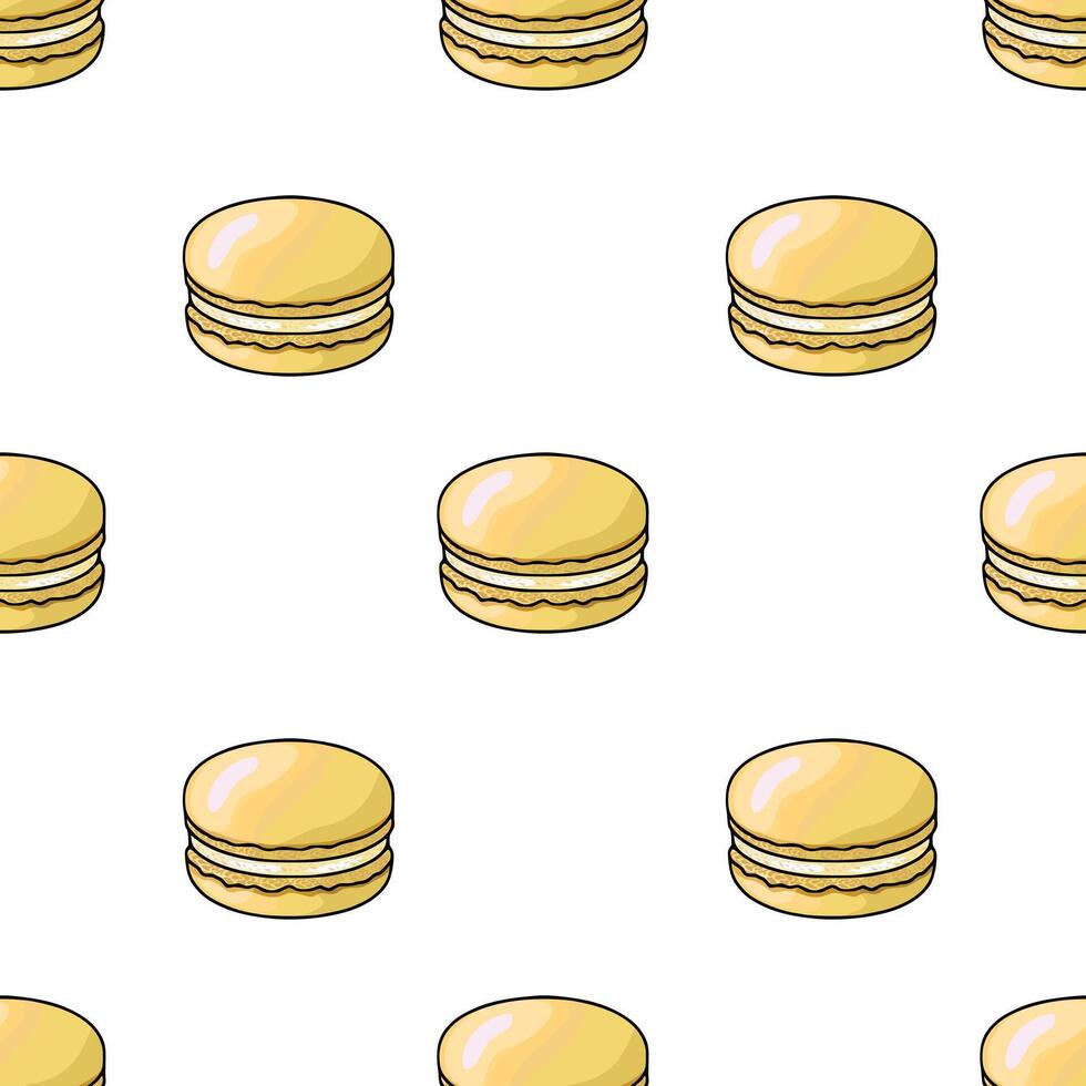 Seamless pattern of hand-drawn pale yellow macarons with creamy filling, arranged in a repeating grid on a white background, ideal for bakery packaging or dessert-themed design projects. vector