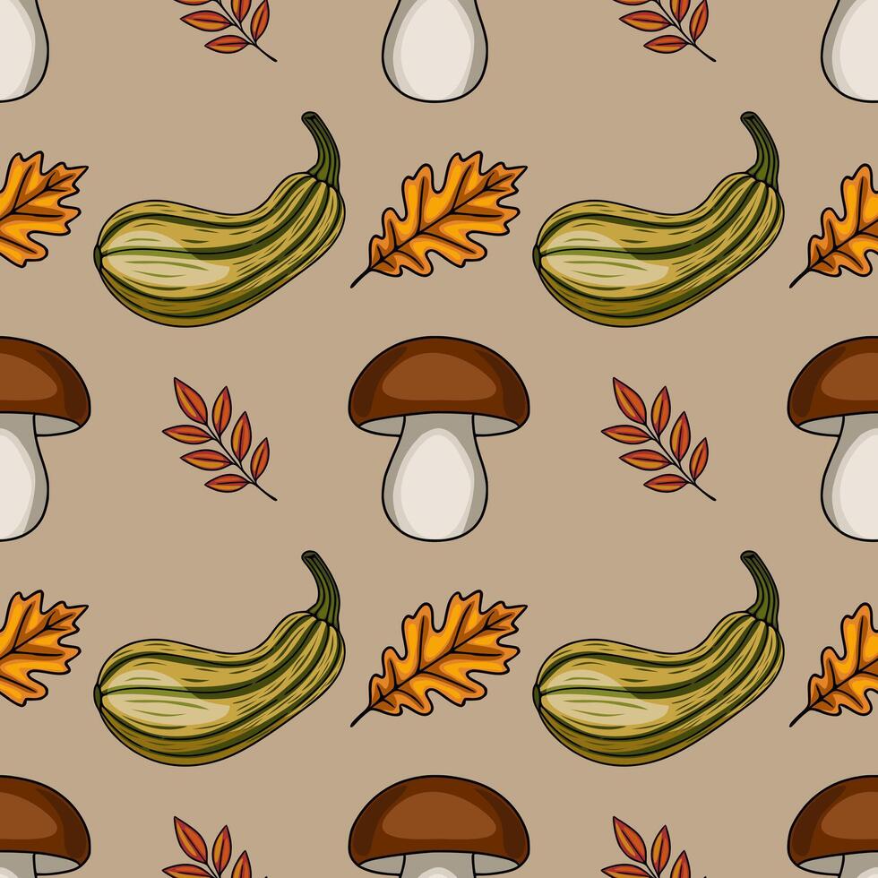 Seamless pattern featuring hand-drawn autumnal elements zucchini, mushrooms, oak leaves, and berry branches, rendered in a vintage style with warm earthy tones on a muted beige background. vector
