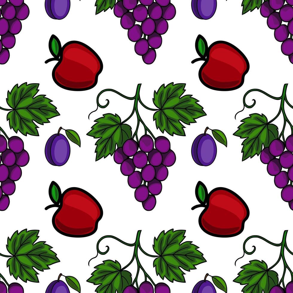 Seamless pattern of hand drawn red apples, purple grapes, and plums on a white background, creating a vibrant and cheerful fruit design. vector