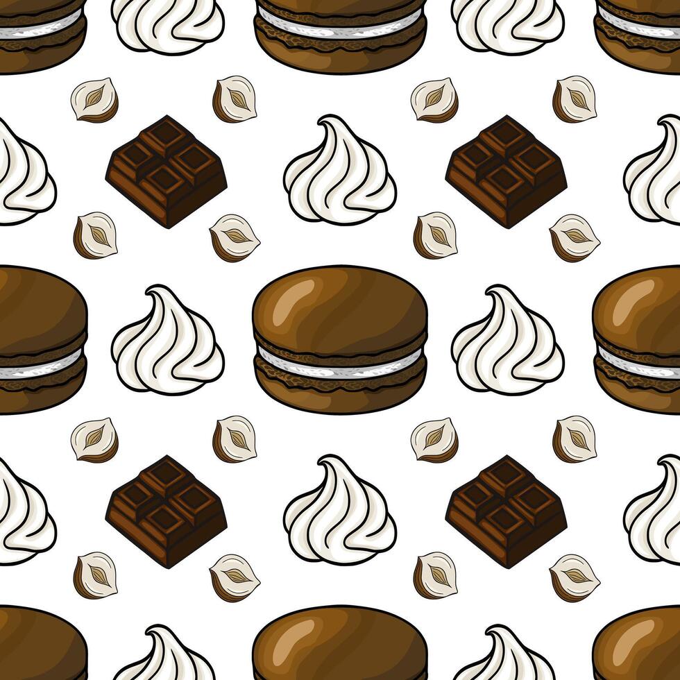 Seamless pattern of chocolate macarons, whipped cream swirls, hazelnut halves, and chocolate pieces, creating a delightful confectionery design. vector