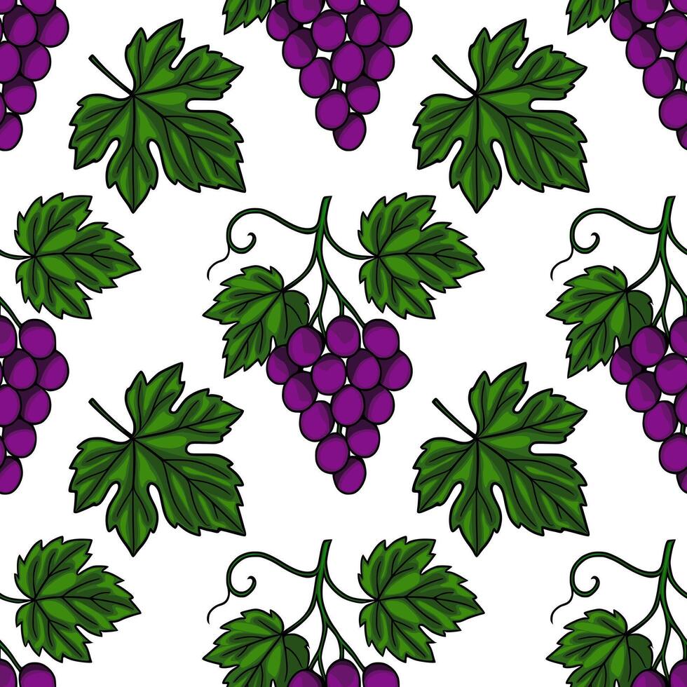 Seamless pattern of hand drawn bunches of purple grapes and green vine leaves, creating a vibrant and natural design perfect for various applications. vector