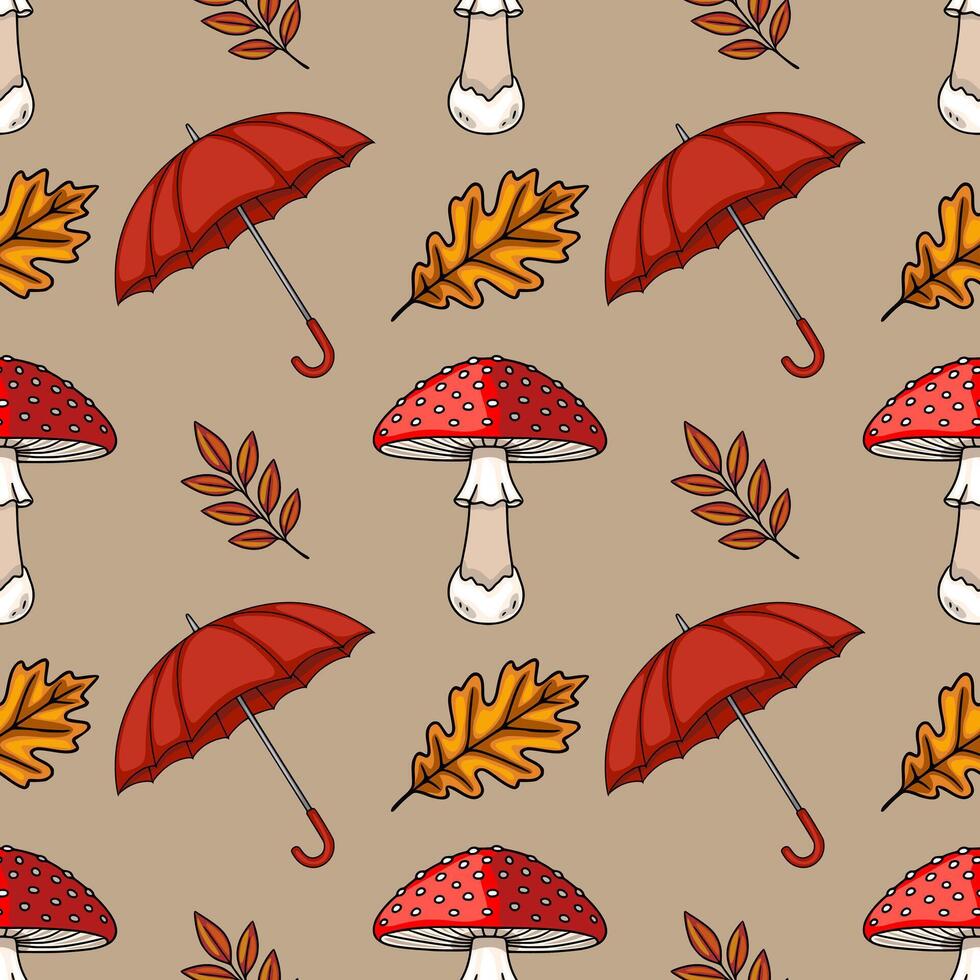 Seamless pattern featuring charming autumn elements red umbrellas, fly agaric mushrooms, oak and rowan leaves on a taupe background, creating a cozy and whimsical design ideal for fall-them... vector