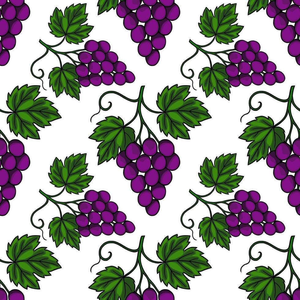 Seamless pattern of hand drawn bunches of purple grapes with green leaves, creating a vibrant and natural design ideal for various applications. vector