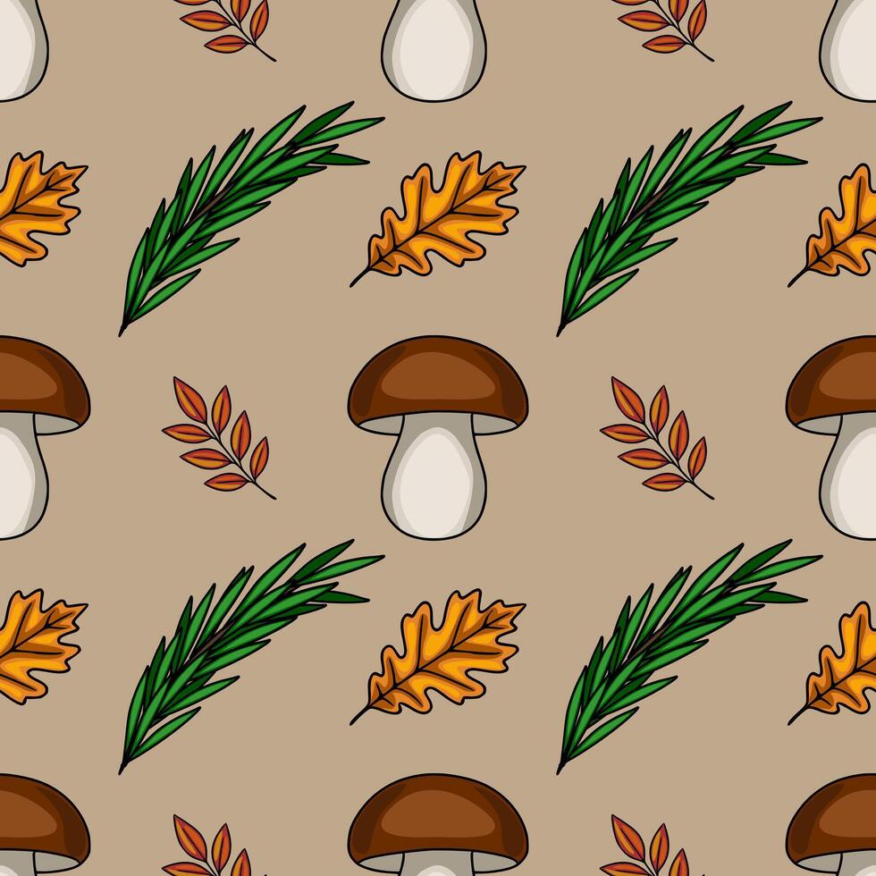 Seamless pattern featuring hand-drawn illustrations of brown mushrooms, oak leaves, and green sprigs on a beige background, creating a charming autumnal design. vector