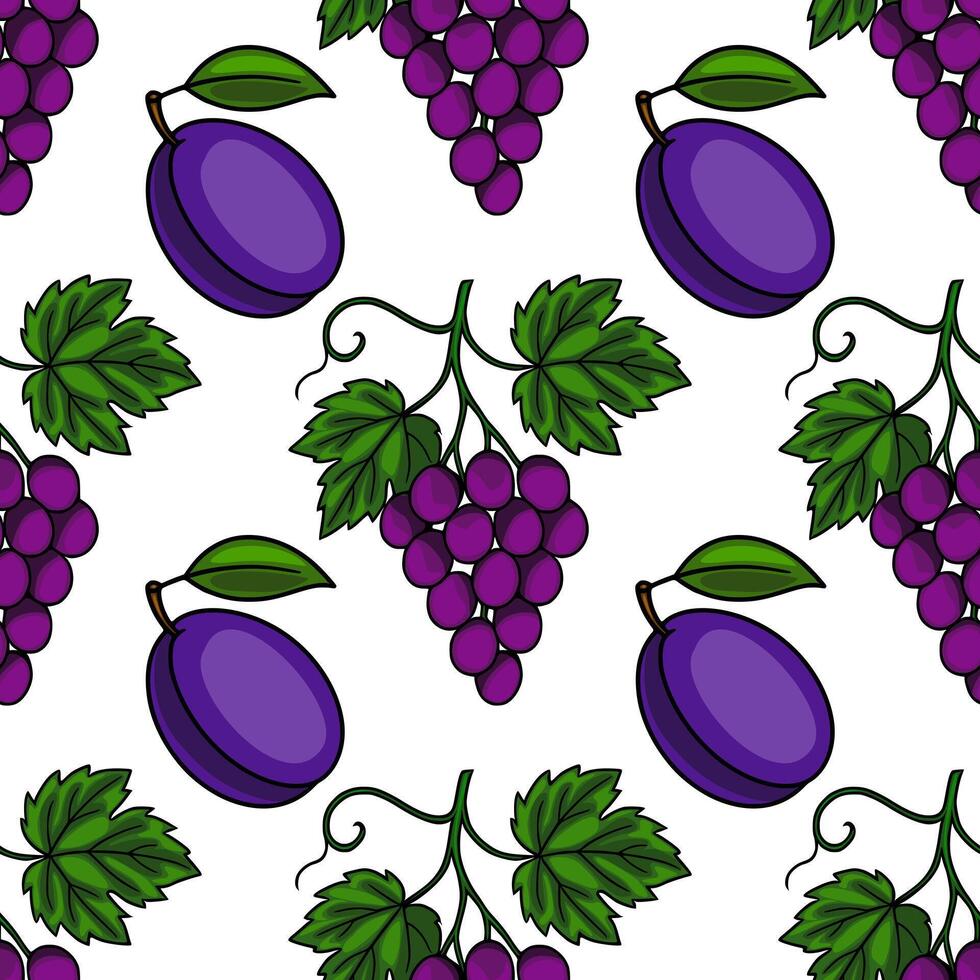 Seamless pattern featuring hand drawn plums and grapes in vibrant purple and green hues, creating a fresh and juicy design perfect for various applications. vector