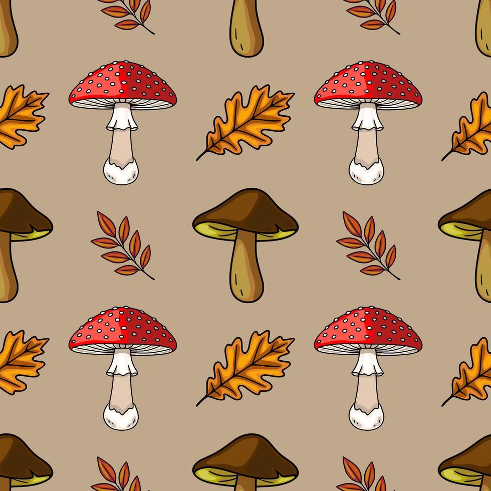 Seamless pattern featuring hand-drawn illustrations of red toadstools, brown mushrooms, oak leaves, and autumn branches on a muted beige background, creating a charming autumnal design. vector