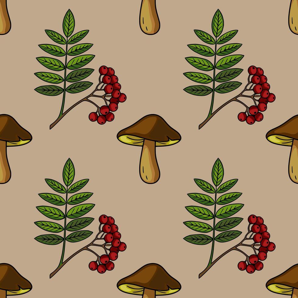 Seamless pattern of hand-drawn autumn forest elements brown mushrooms and rowan berries on beige background, creating a cozy and rustic feel. vector