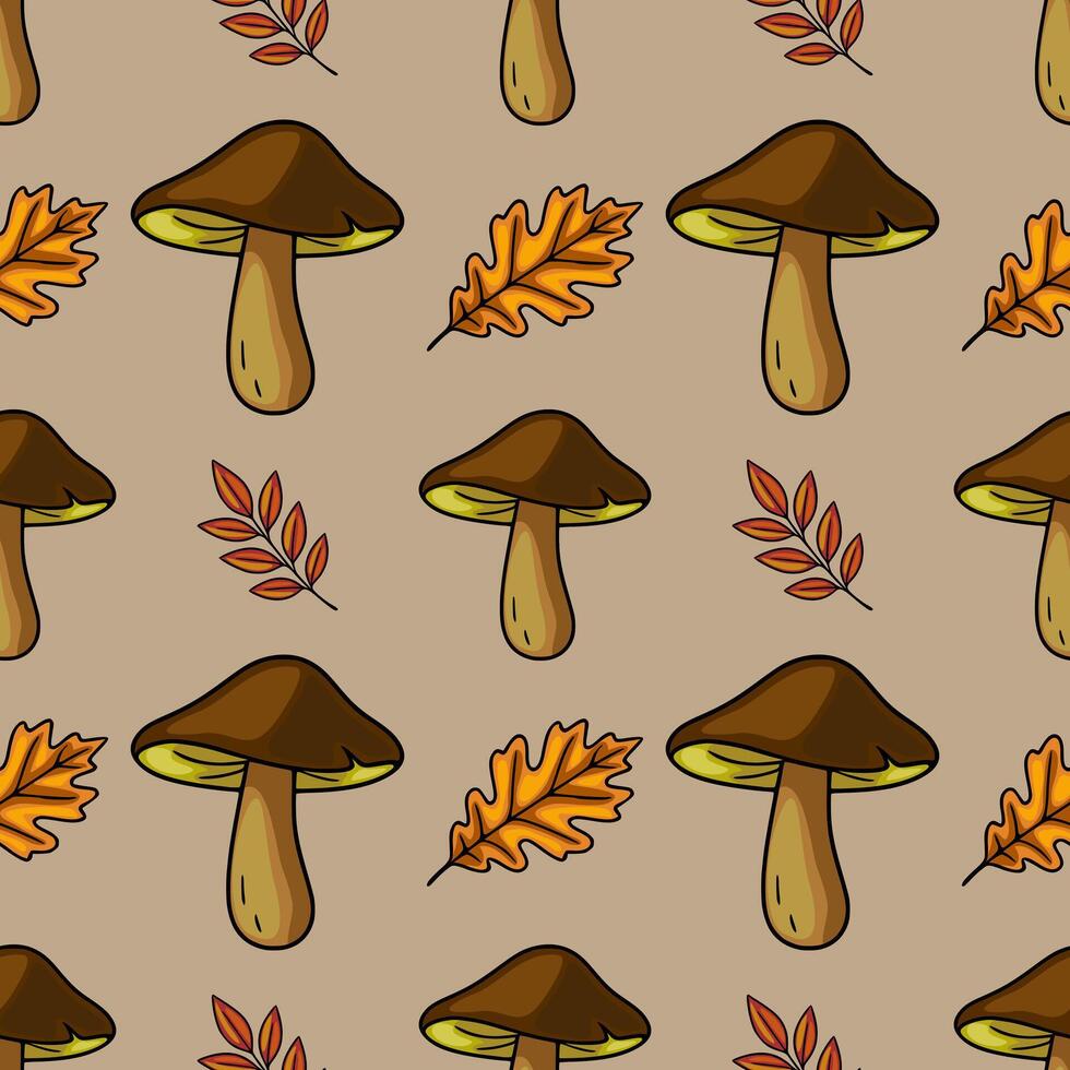 Seamless pattern featuring hand-drawn illustrations of autumn mushrooms and leaves in warm brown, orange, and yellow tones, creating a cozy and natural aesthetic perfect for fall-themed desi... vector