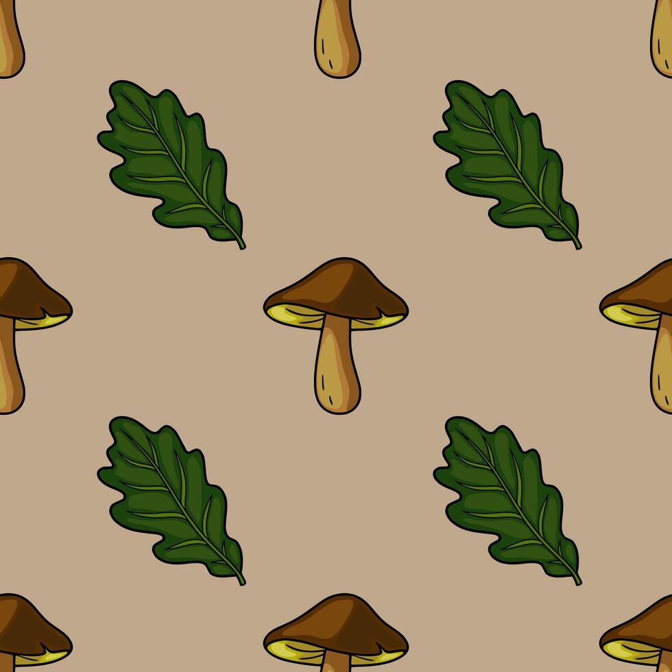 Seamless pattern featuring hand-drawn illustrations of brown mushrooms and vibrant green oak leaves on a muted beige background, creating a charming autumnal design. vector