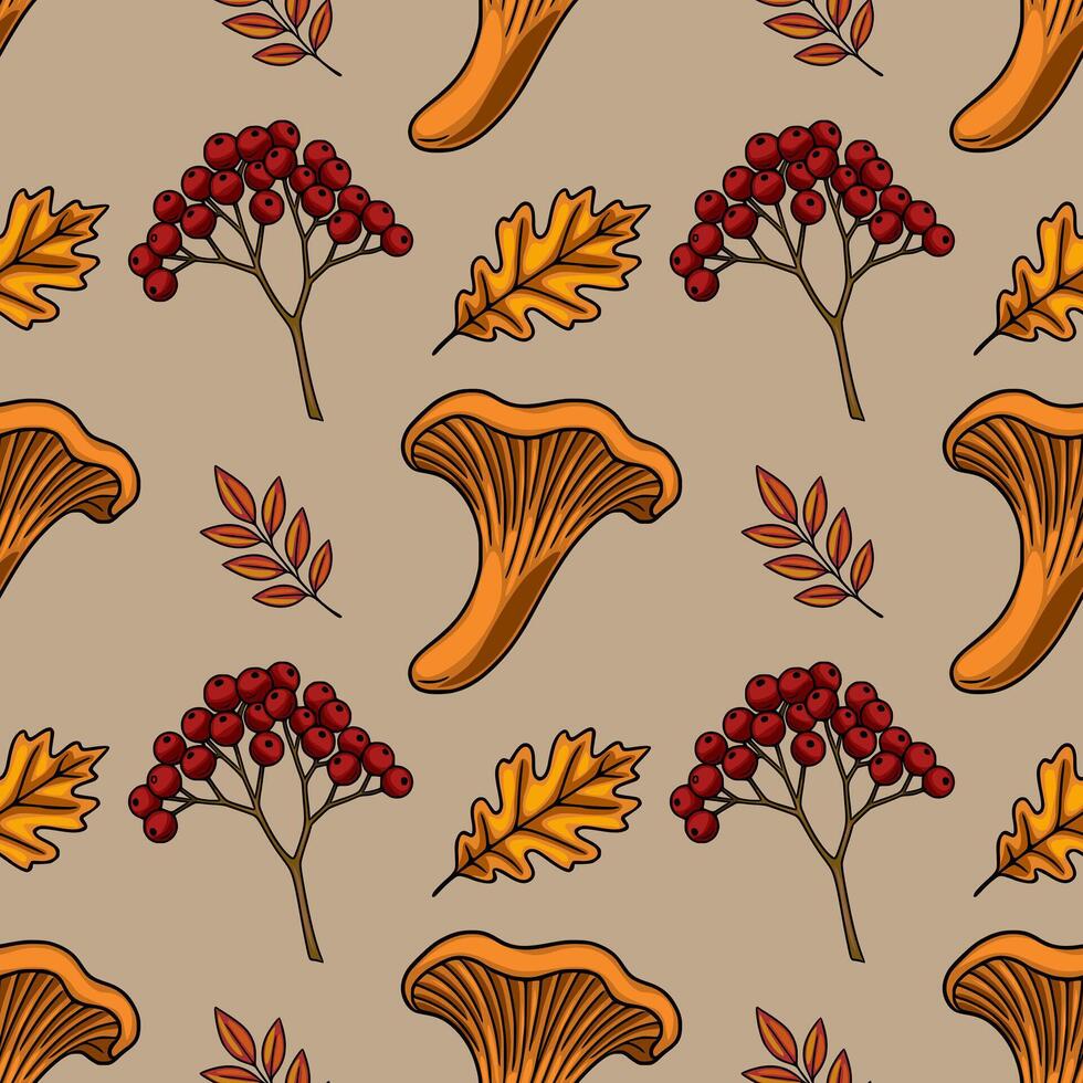 Seamless pattern featuring hand-drawn chanterelle mushrooms, rowan berries, and autumn leaves in warm orange and red tones against a muted beige background, creating a cozy and autumnal design. vector