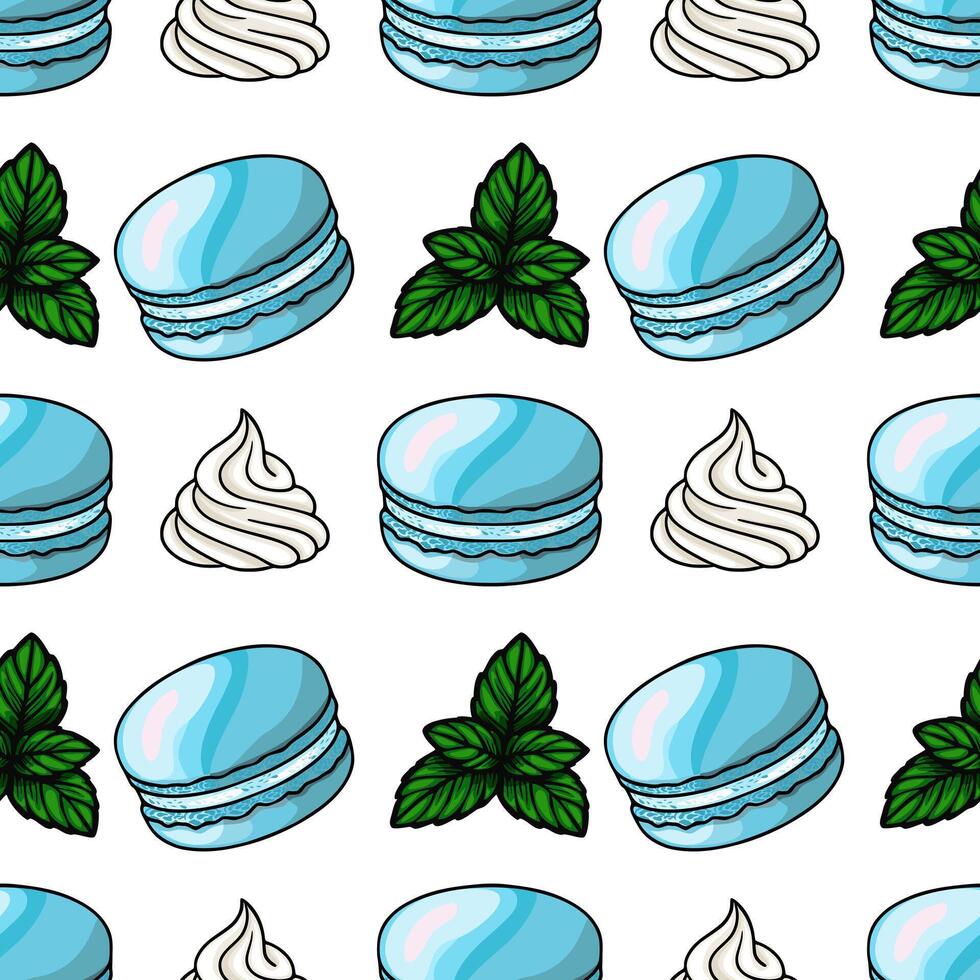 Seamless pattern of light blue macarons, whipped cream swirls, and fresh mint leaves, creating a delightful and appetizing design for culinary projects. vector
