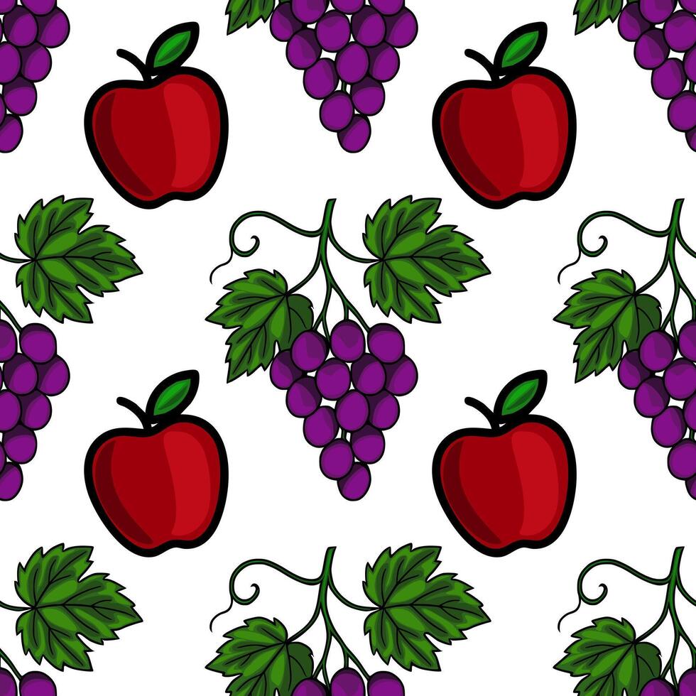 Seamless pattern featuring stylized red apples and bunches of purple grapes with green leaves, creating a vibrant and cheerful fruity design ideal for various applications. vector