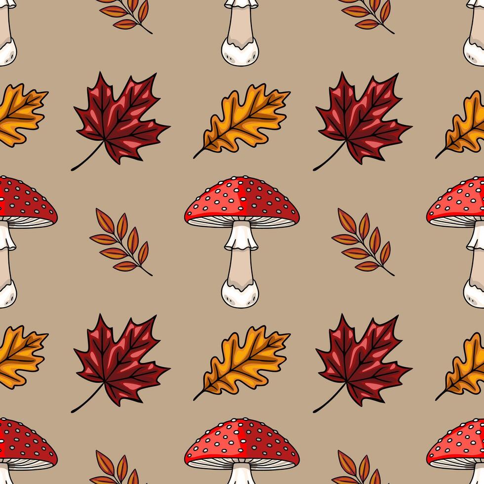 Seamless pattern featuring hand-drawn autumnal elements vibrant red fly agaric mushrooms, detailed maple and oak leaves, and autumnal branches, all set against a muted beige background. vector