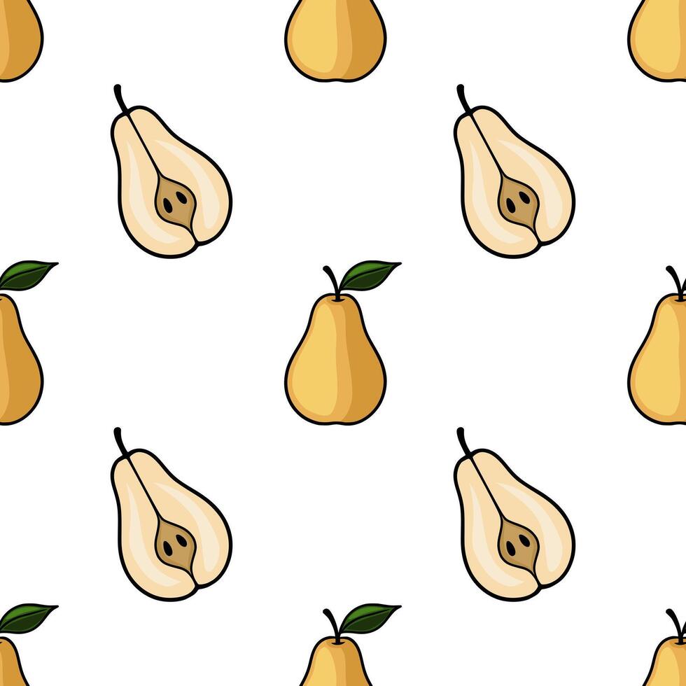 Seamless pattern of hand drawn pears, featuring whole and halved fruits in a playful, minimalist style with a touch of vintage charm. vector