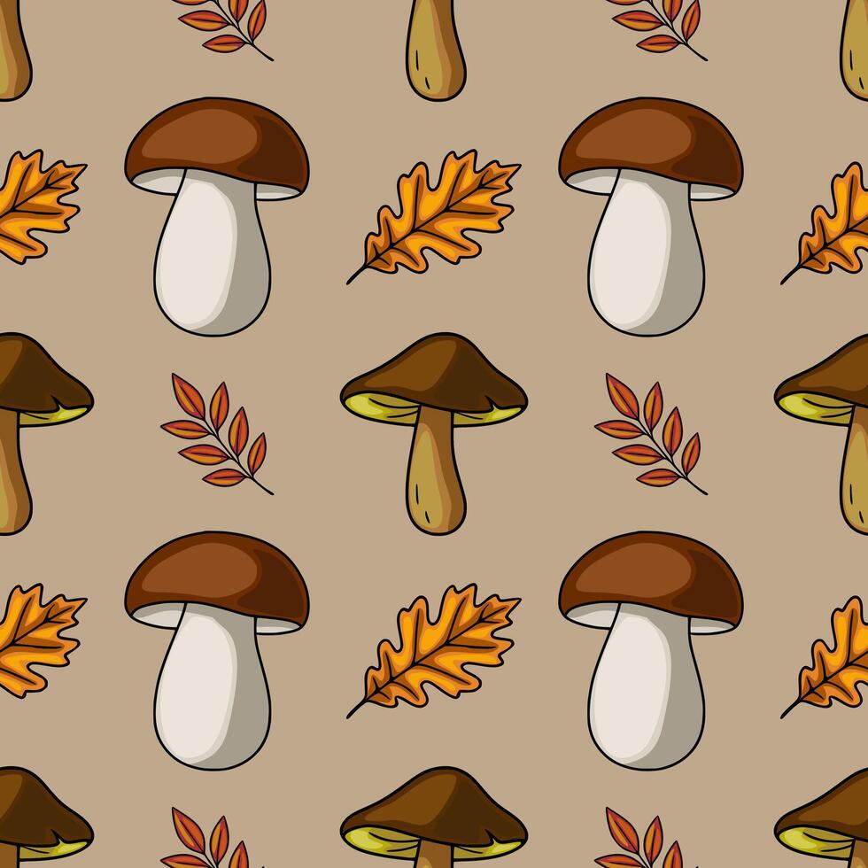Seamless pattern featuring hand-drawn illustrations of brown mushrooms and autumn leaves in warm, earthy tones, creating a cozy and natural autumnal design. vector