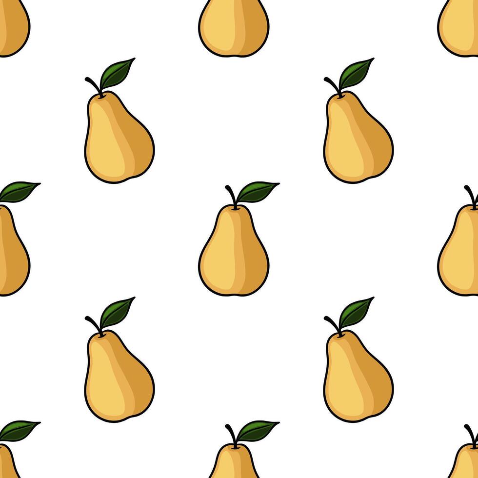 Seamless pattern of hand drawn pears with green leaves on a white background, featuring a simple, cartoonish style with bold outlines and a warm, autumnal color palette. vector