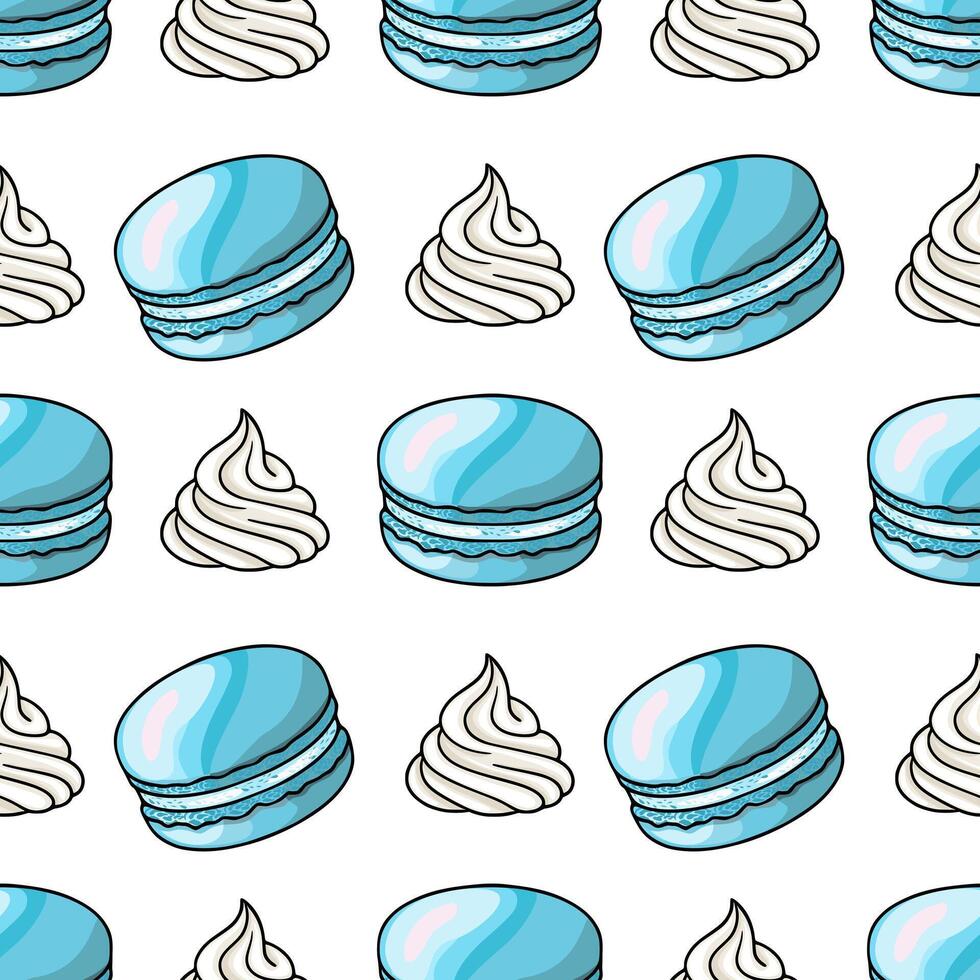 Seamless pattern of hand drawn light blue macarons and swirls of cream, creating a delightful and sweet design perfect for bakery branding or dessert themed projects. vector