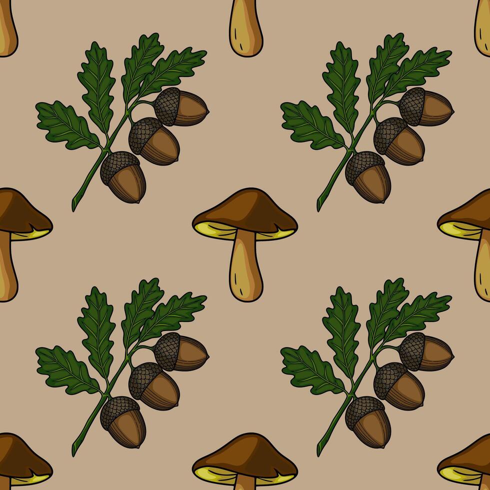 Seamless pattern featuring hand-drawn illustrations of brown mushrooms and oak branches with acorns, set against a muted beige background, creating a charming autumnal design. vector