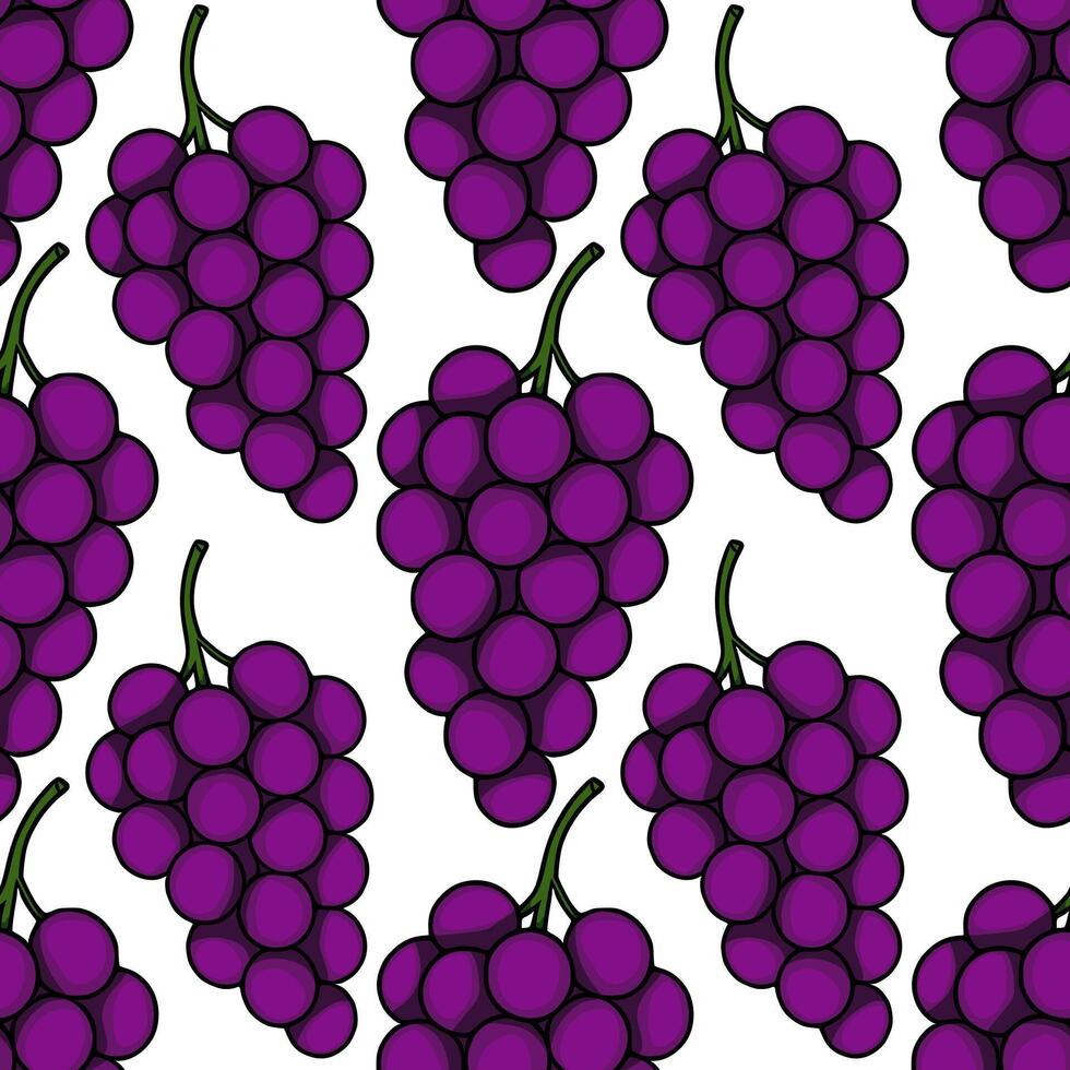 Seamless pattern of dark purple grapes bunches, hand drawn style illustration with bold outlines, perfect for wine label design or fresh fruit packaging. vector
