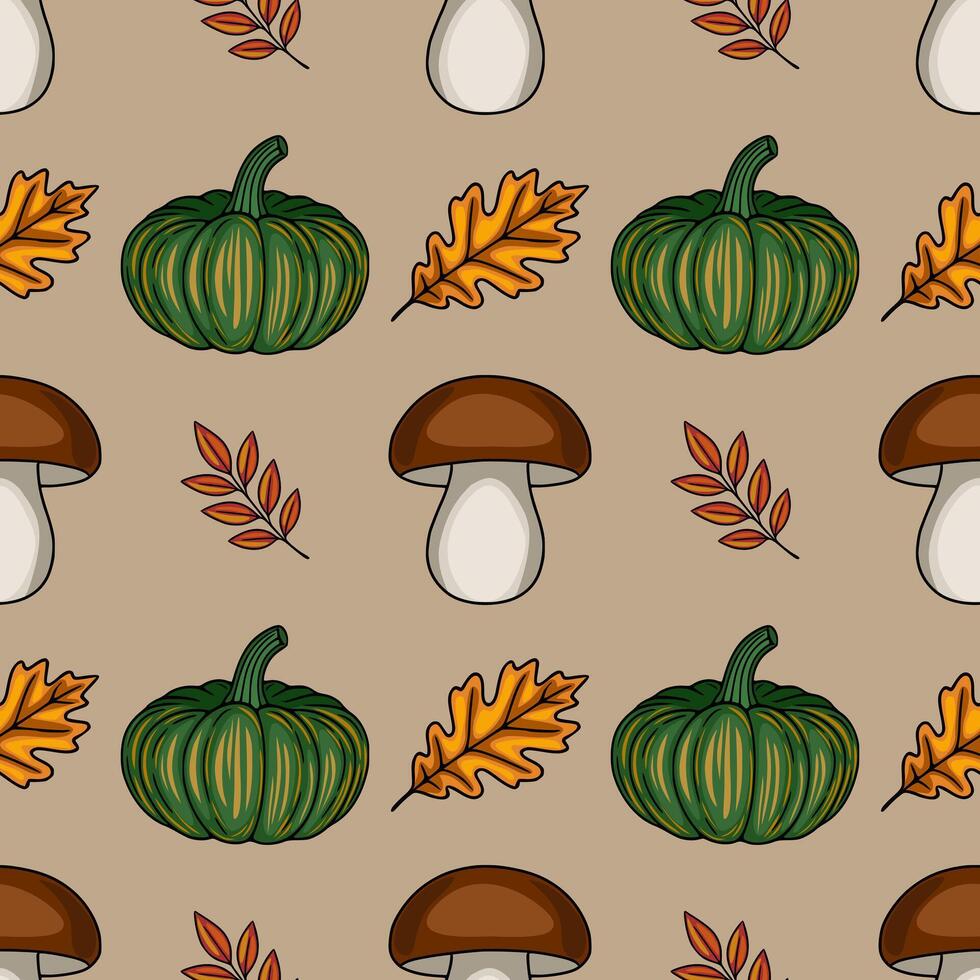 Seamless pattern with hand-drawn autumn elements green pumpkins, brown mushrooms, oak and rowan leaves on a beige background, creating a cozy and rustic fall vibe. vector