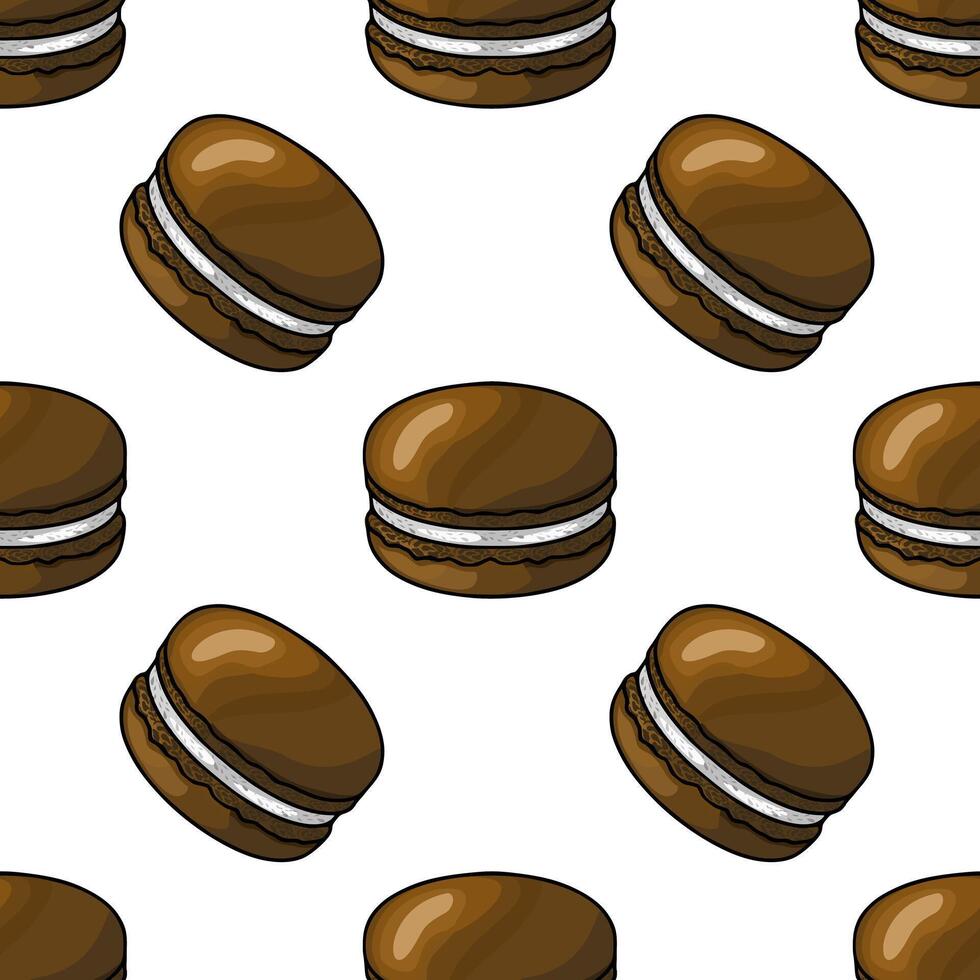 Seamless pattern of delicious chocolate macarons with creamy filling, illustrated in a hand drawn style with rich brown hues and detailed textures for a tempting dessert design. vector