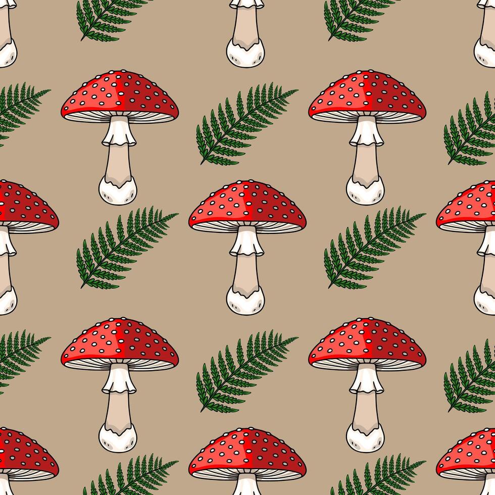Seamless pattern featuring hand-drawn illustrations of vibrant red toadstools with white dots and lush green fern leaves on a muted beige background, creating a charming autumnal design. vector