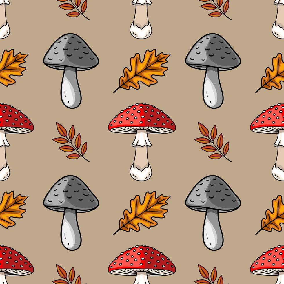Seamless pattern featuring hand-drawn illustrations of autumn mushrooms, oak leaves, and branches, rendered in a charming cartoon style with a muted color palette for a cozy and rustic aesth... vector