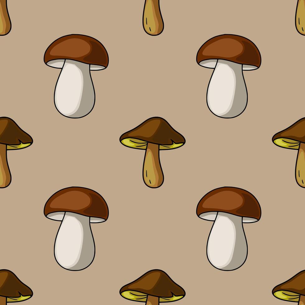 Seamless pattern featuring hand-drawn illustrations of brown and beige mushrooms with varying sizes and orientations against a neutral taupe background, creating a rustic and charming autumn... vector