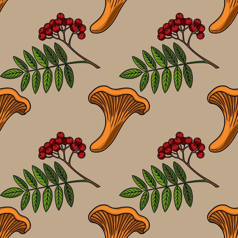 Seamless pattern featuring hand-drawn chanterelle mushrooms and rowan berries branches, creating a vibrant autumnal design perfect for textile prints or fall-themed projects. vector