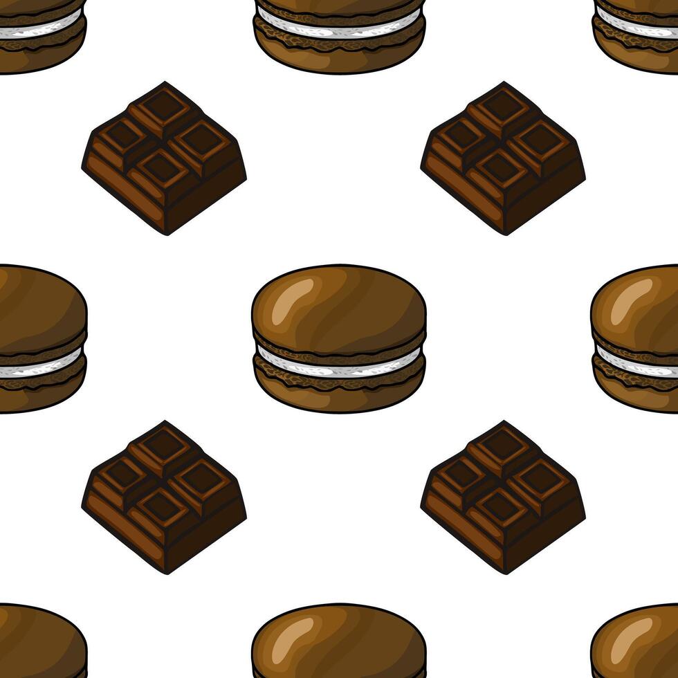 Seamless pattern featuring hand drawn chocolate macarons and chocolate bars, creating a delicious and visually appealing design, perfect for various applications. vector