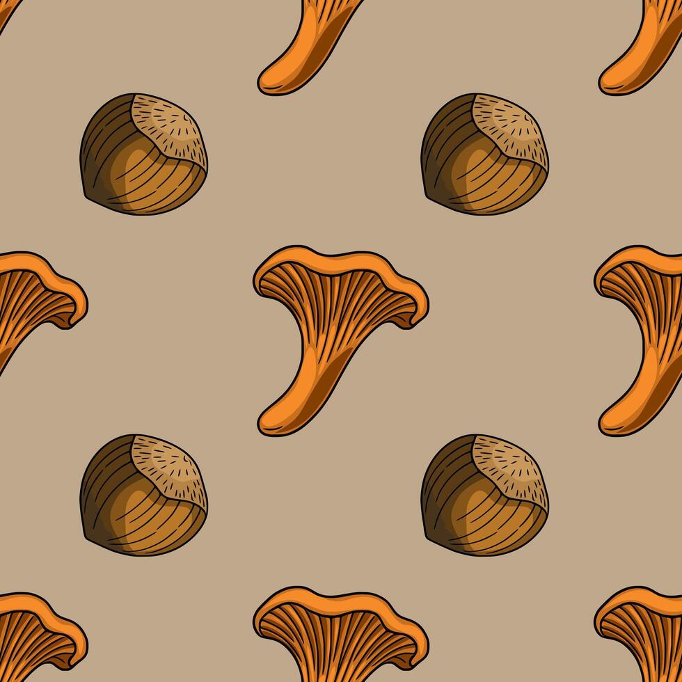 Seamless pattern featuring hand-drawn chanterelle mushrooms and hazelnuts on a muted beige background, creating a rustic autumnal design ideal for textile prints or packaging. vector