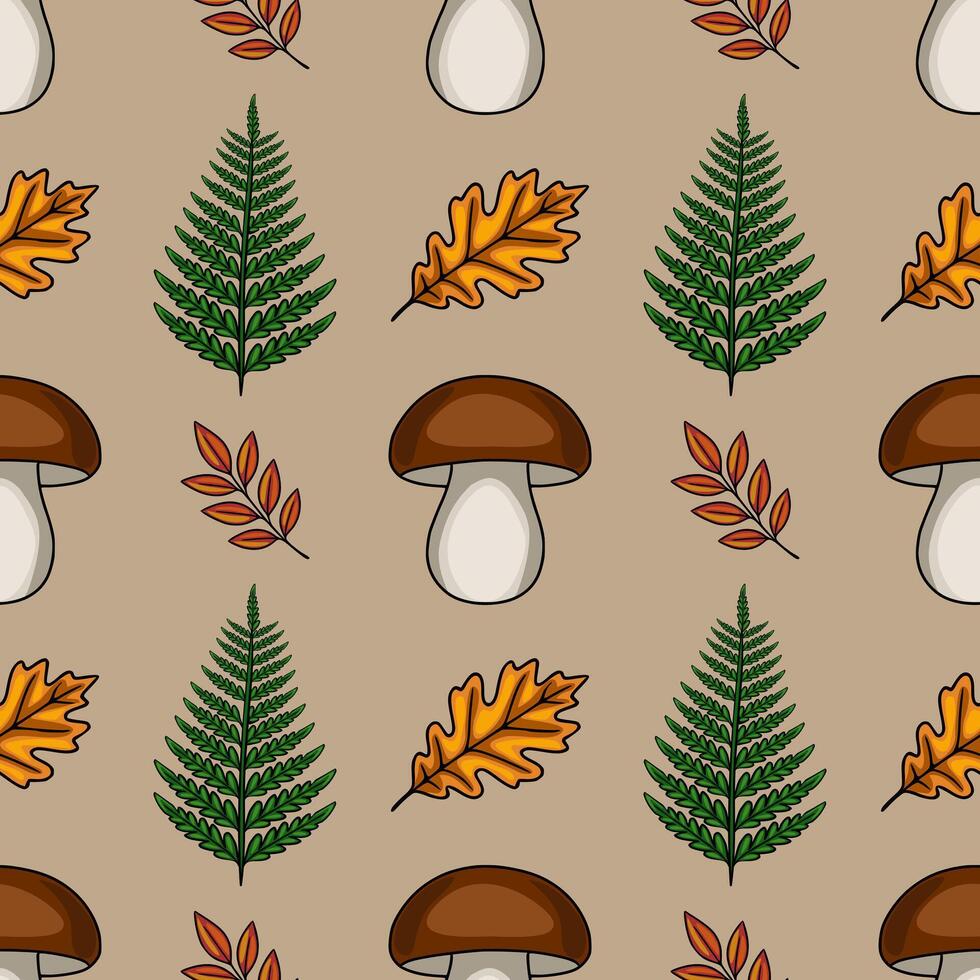 Seamless pattern featuring hand-drawn illustrations of autumnal mushrooms, ferns, oak leaves, and red twigs, creating a rustic and natural design perfect for fall-themed projects. vector