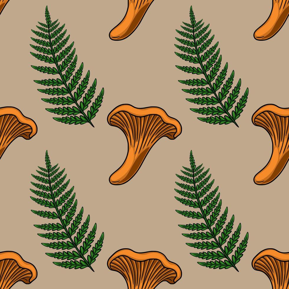 Seamless pattern featuring hand-drawn chanterelle mushrooms and fern leaves in a vibrant orange and green palette against a muted beige backdrop, creating a rustic autumnal feel. vector