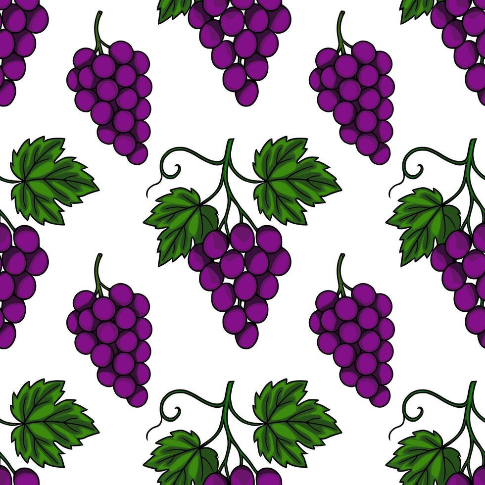 Seamless pattern of hand drawn bunches of dark purple grapes with green leaves, creating a vibrant and juicy illustration perfect for wine labels or autumnal designs. vector