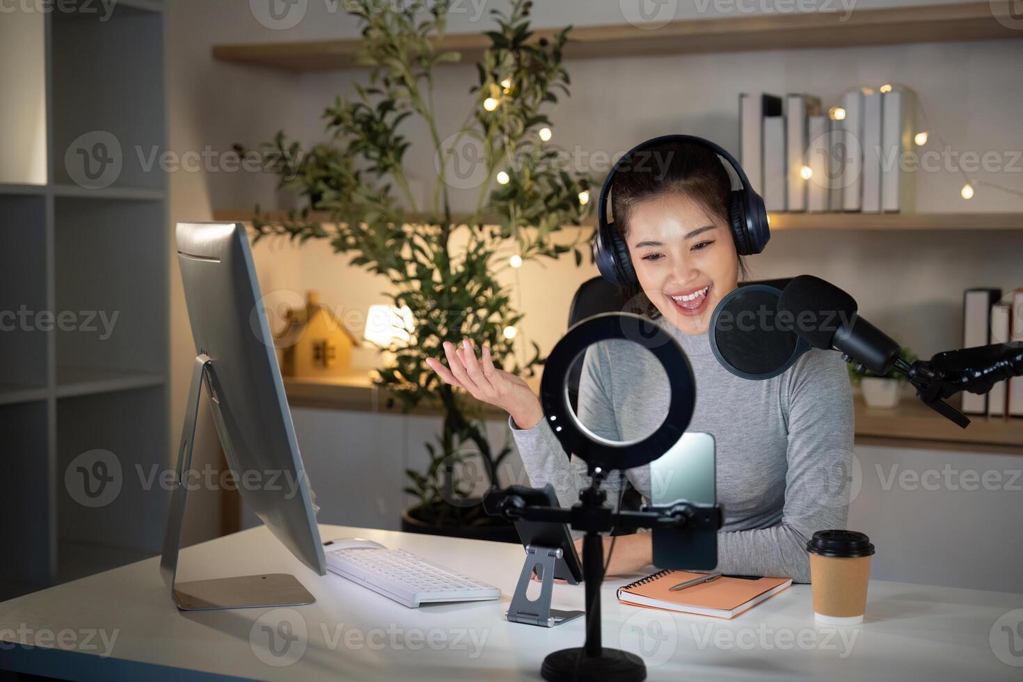 Engaging podcast host sharing insights in a modern studio photo