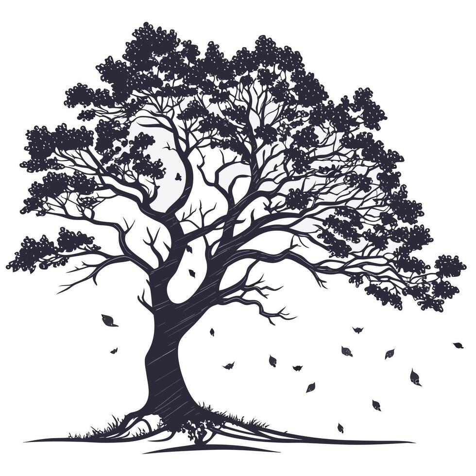 Majestic Oak Tree Silhouette in Autumn Wind, Serene Nature Illustration, Falling Leaves, Dark Moody Artwork vector