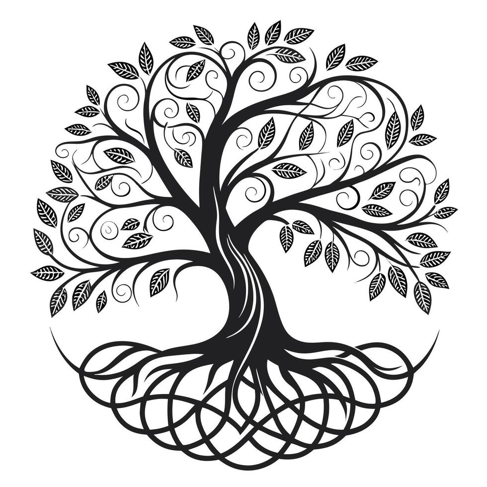 Serene Black and White Ornate Tree of Life Illustration with Intricate Roots and Swirling Branches, Symbolic of Growth and Eternity vector