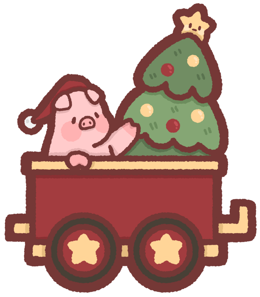 Pig in a train with Christmas tree png