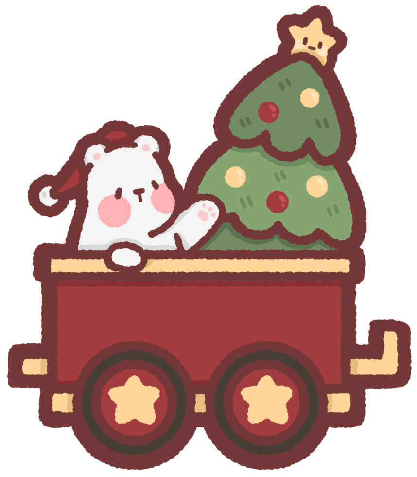 Polar bear in a train with Christmas tree png