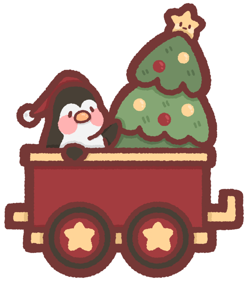 Penguin in a train with Christmas tree png