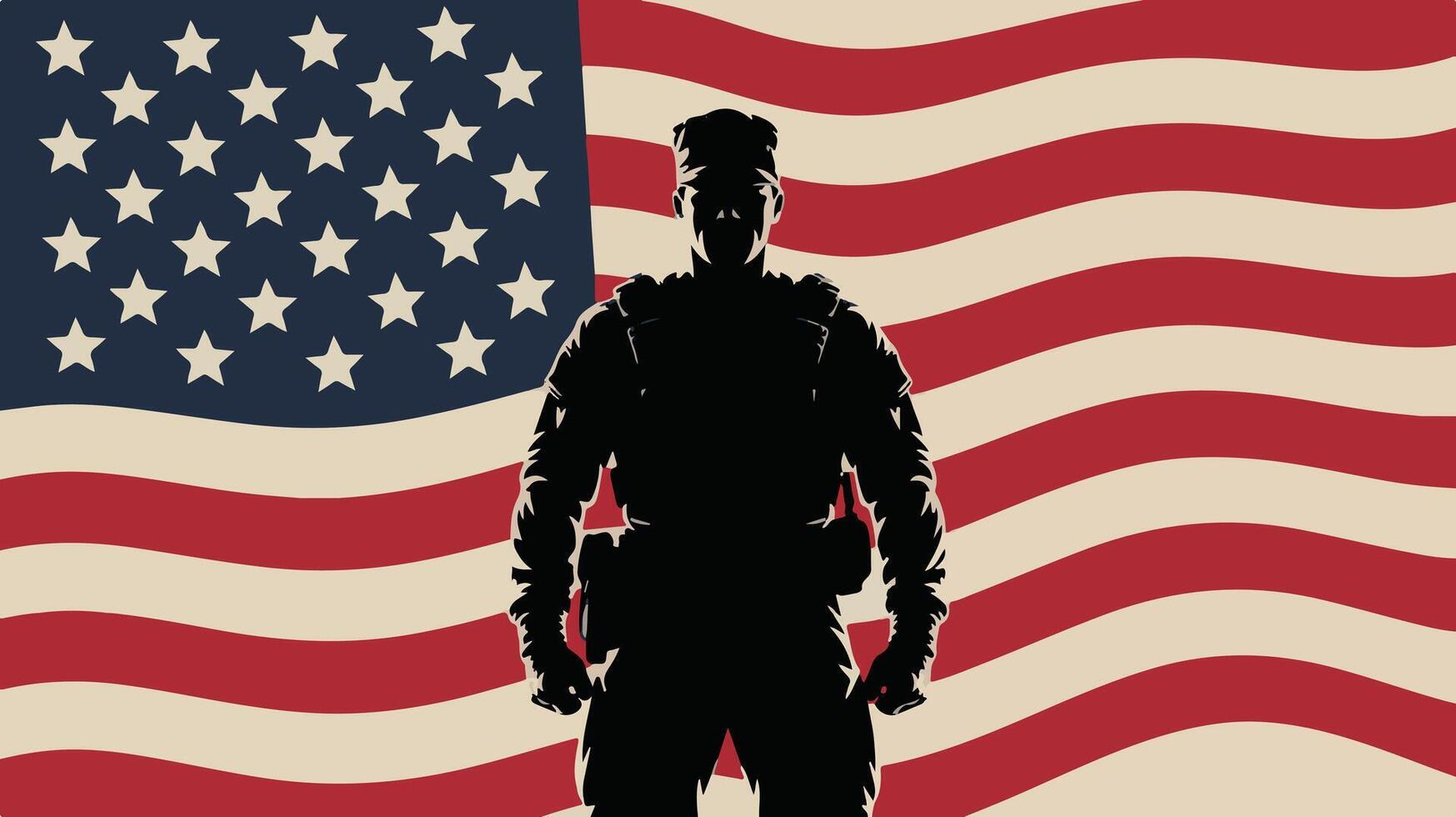 Patriotic Soldier Silhouette with USA Flag Illustration US Army Soldier Illustration with Camouflage Uniform and USA Emblem vector