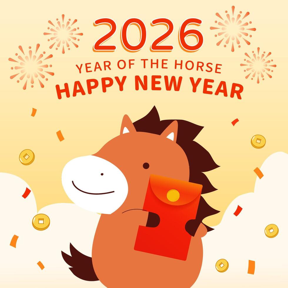 2026 CUTE chinese horse with red envelope happy new year vector