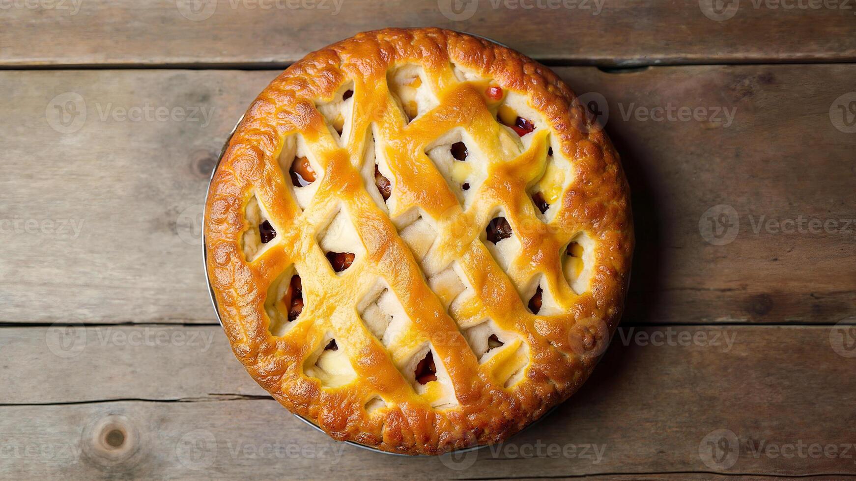 A pie with a lattice pattern on top of a wooden table photo