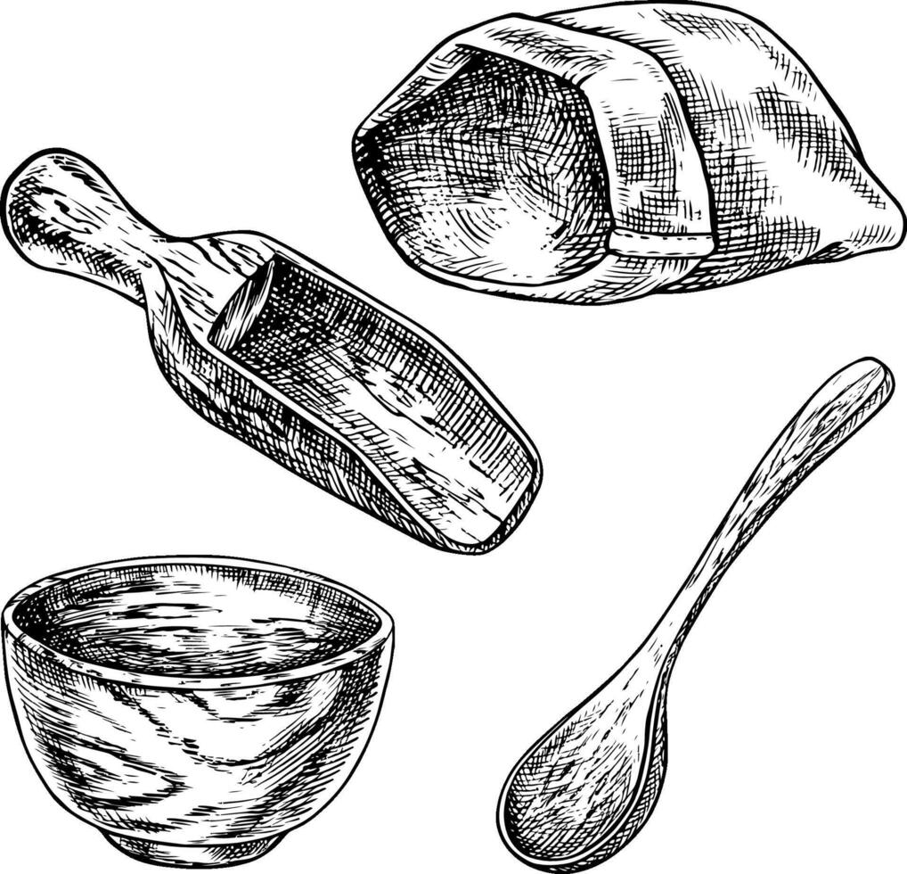 Set of wooden tableware and a bag. Black and white graphics, illustrations. Country-style kitchen utensils. Element of menu, recipe, and cookbook design. For packaging. vector