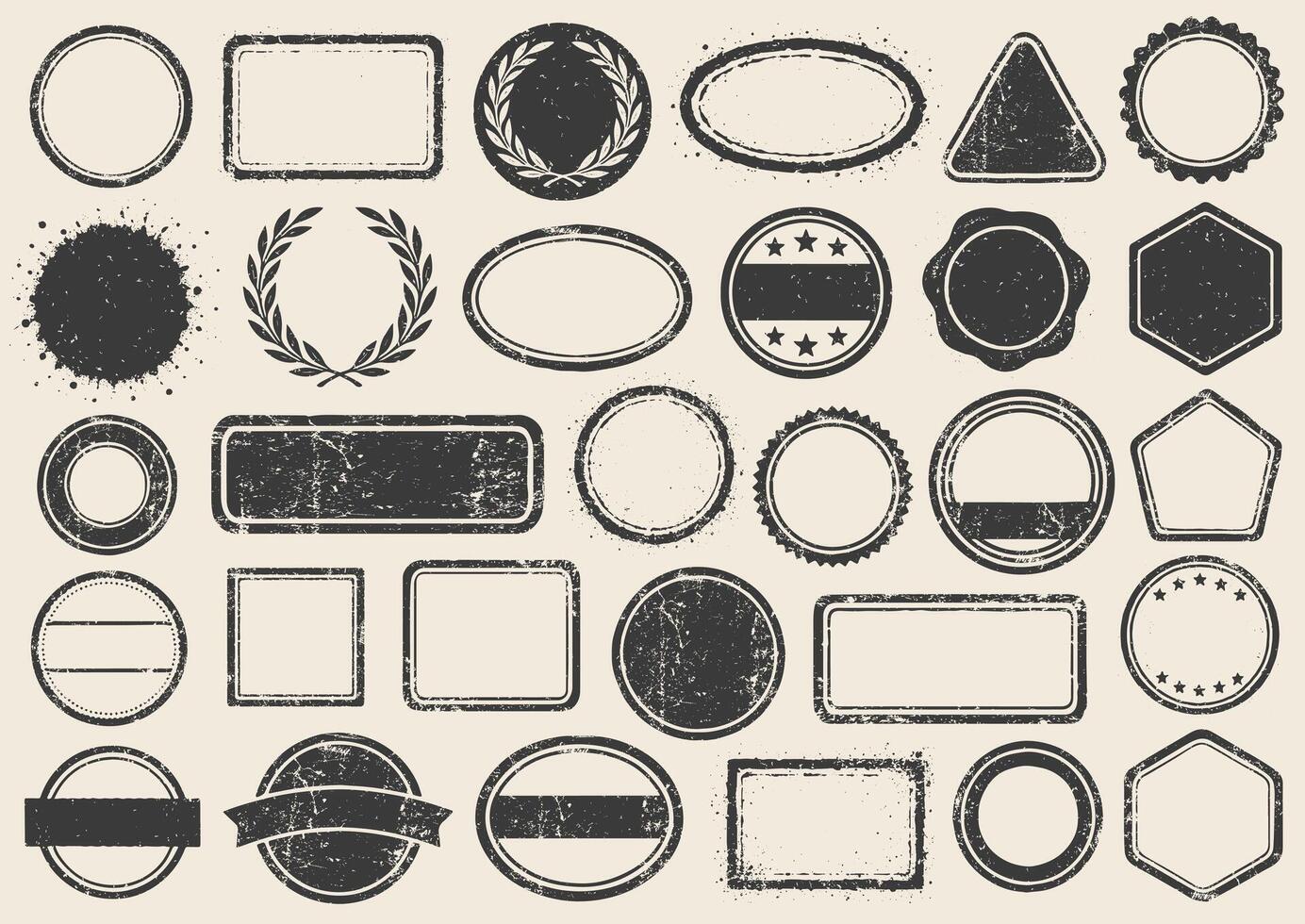 Retro Grunge Stamps frames icon shape set. Black round and square empty stamp border pack. Blank Stamp template grunge ink rubber labels collection. illustration image Isolated on white background. vector