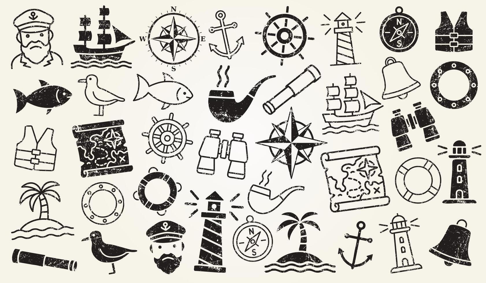 Marine and Seafaring grunge stamp Set. Nautical Adventures and Maritime Exploration stamp. Ancient Sail Ship, Captain, Anchor, lighthouse, Binoculars, helm, compass. illustration icons vector